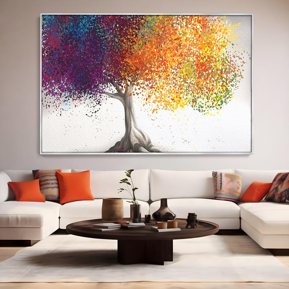 Tablou canvas cu tablou canvas cu un copac colorat, in rama de aluminiu argintiu, pe perete intr-un living